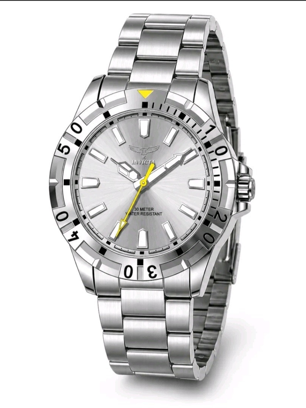 Invicta Silver Stainless Steel Watch with Yellow Accents